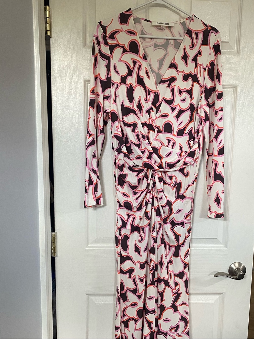 Diane Von Furstenberg Pink, Black & White Long Sleeve Wrap Maxi Dress
